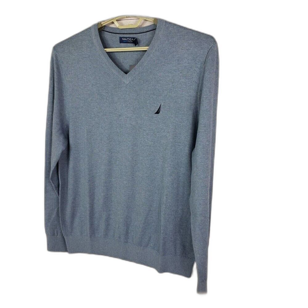 Nautica Navtech Mens Pullover Sweater Blue Heathered V Neck Long Sleeve